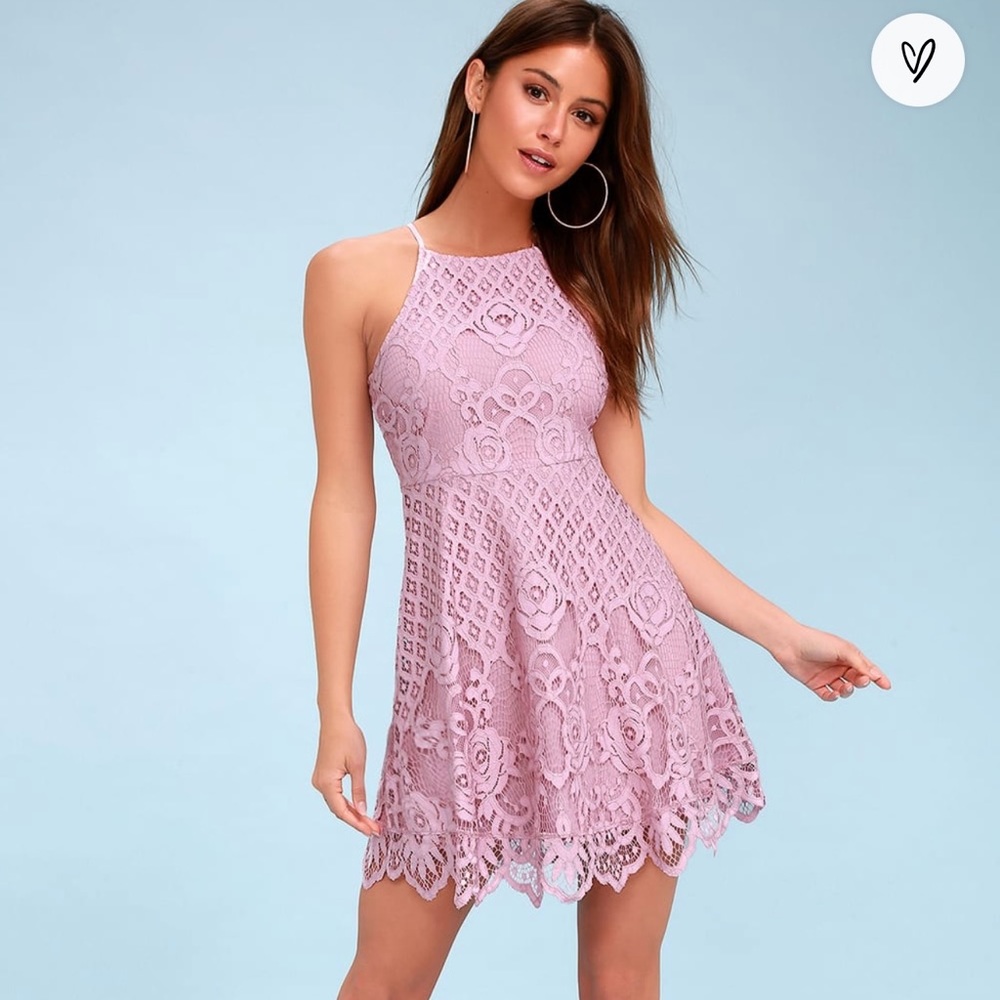 Lulus Charlotte mauve pink lace skater dress